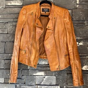WOMANS ZARA TAN LEATHER MOTO JACKET SIZE L